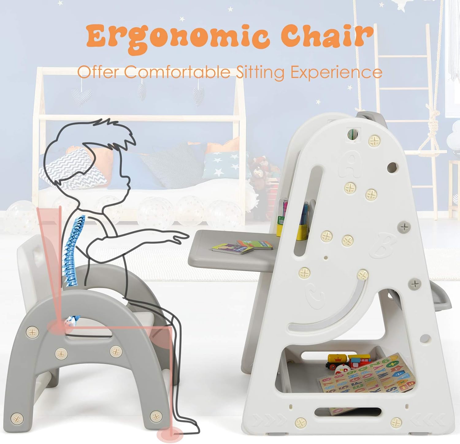 Kids Art Easel with Stool, 3 in 1 Double-Sided Magnetic Dry Erase Board and Kids Book Rack with Foldable Desktop, Adjustable Standing Easel with Letters and Number Magnets