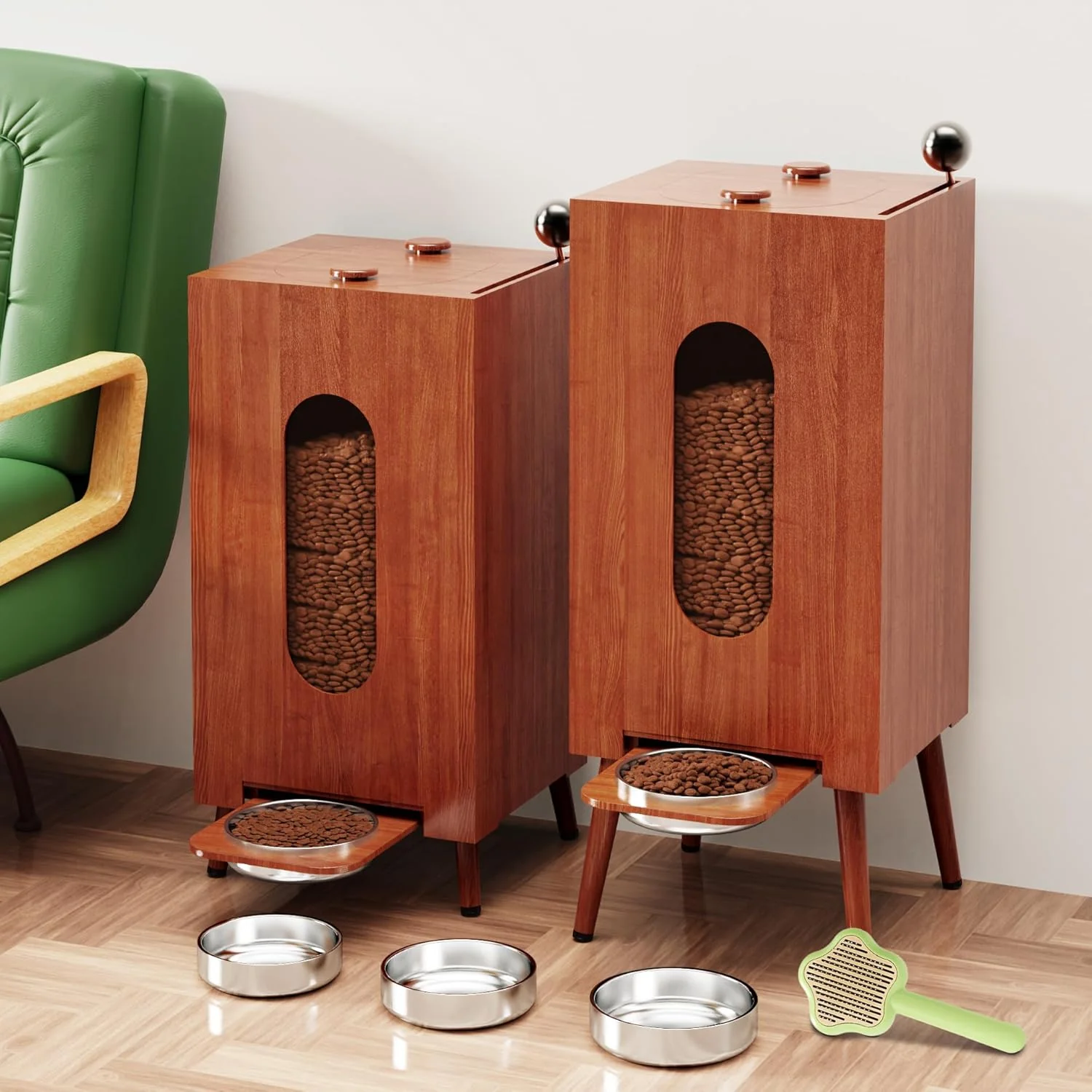 🐕Pet feeder, 2 height-adjustable pet food storage cabinets with 3 bowls Feeder for dogs and cats