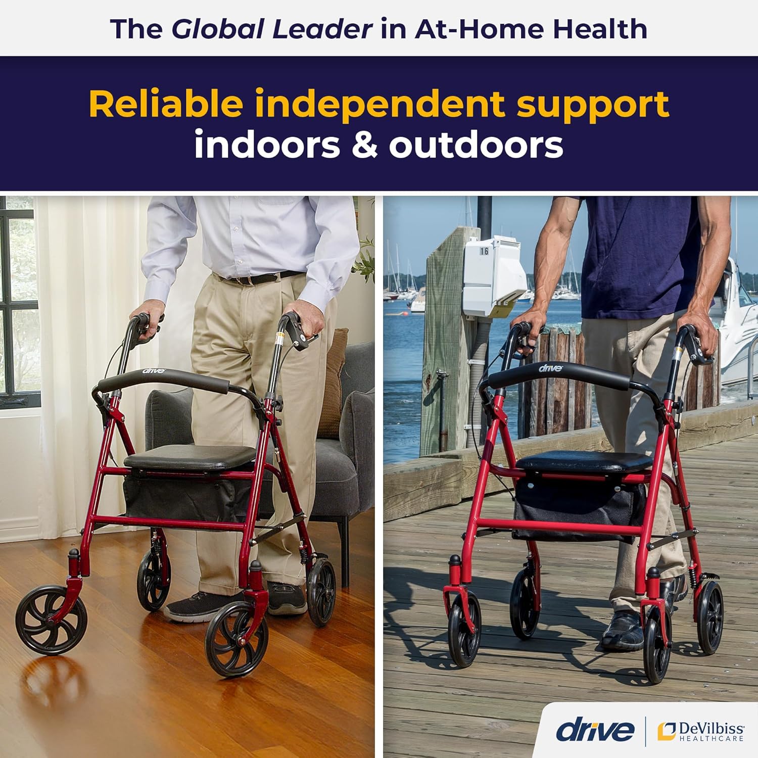 Drive Medical 10257BL-1 4 Wheel Rollator Walker With Seat, Steel Rolling Walker, Height Adjustable, 7.5