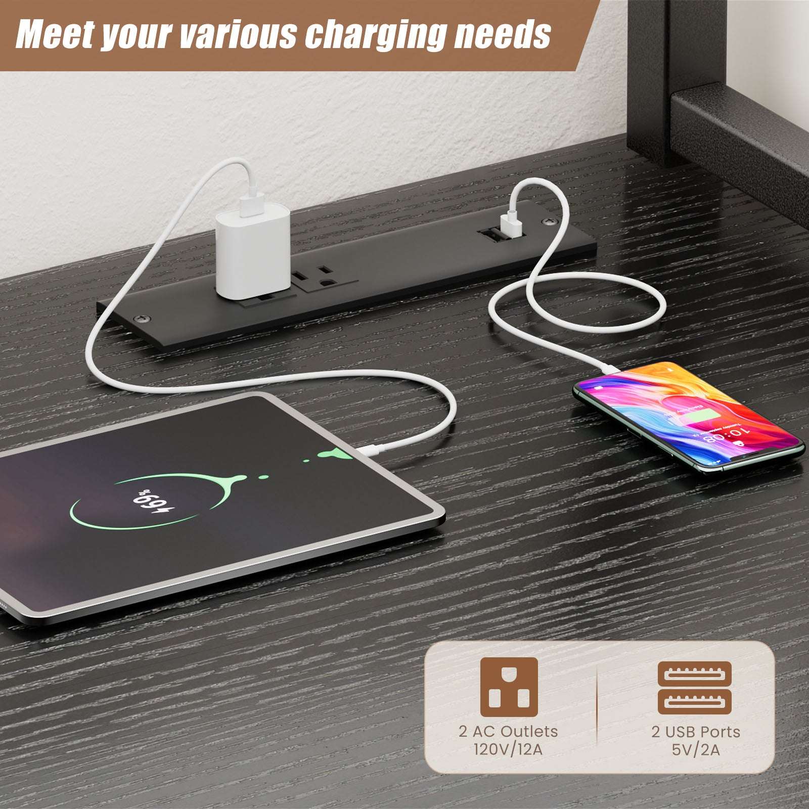 L-Shaped Gaming Desk With Led Lights & Power Outlets