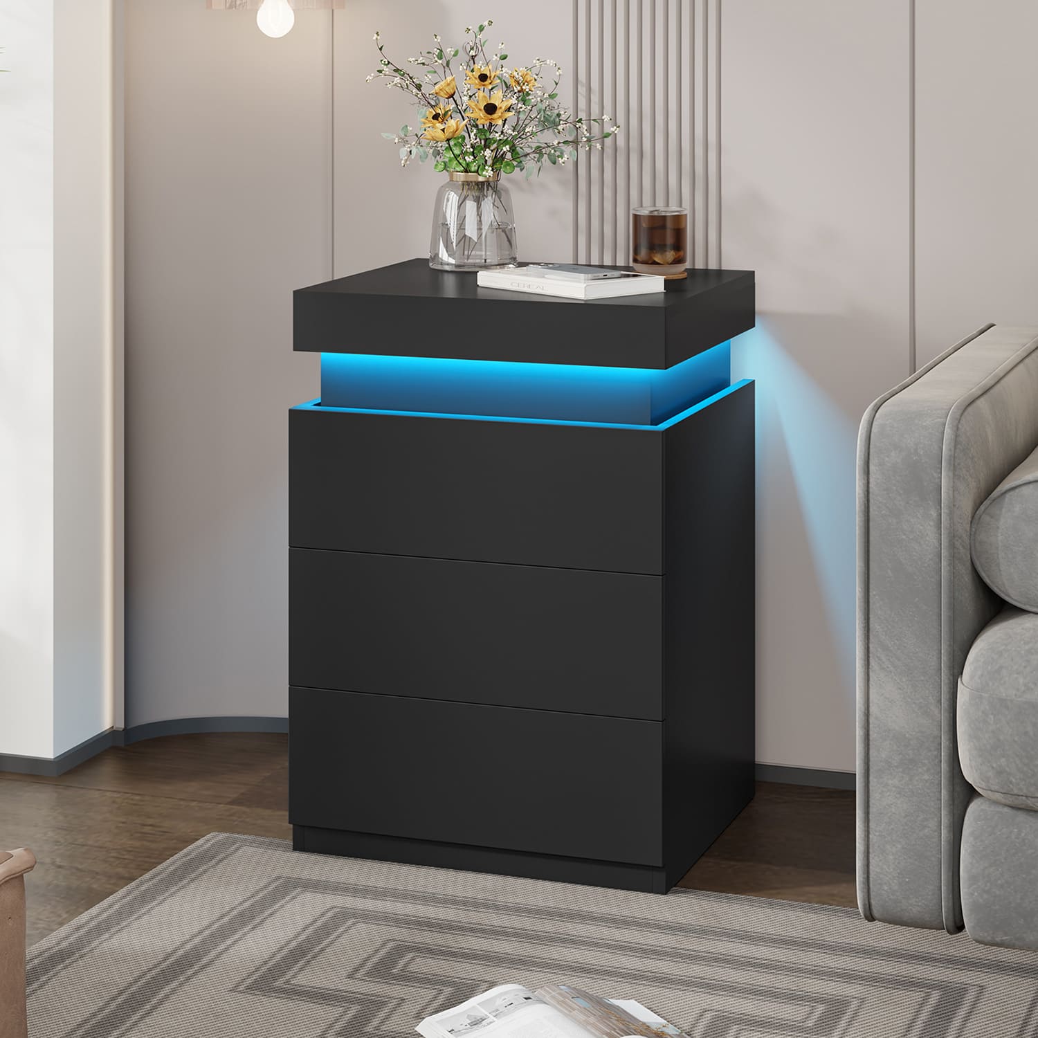 Nightstand with LED Lights Charging Station