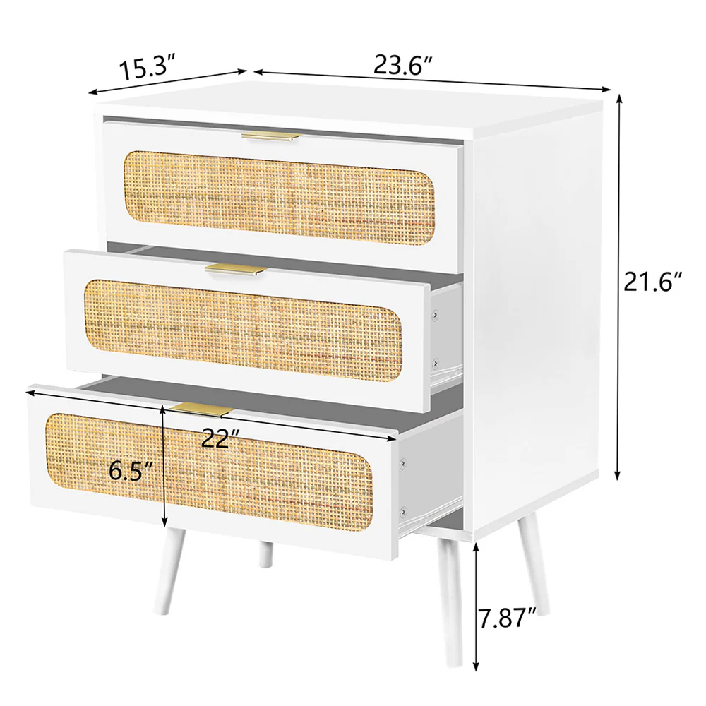 Rattan Nightstand Dresser Table with 3 Drawers