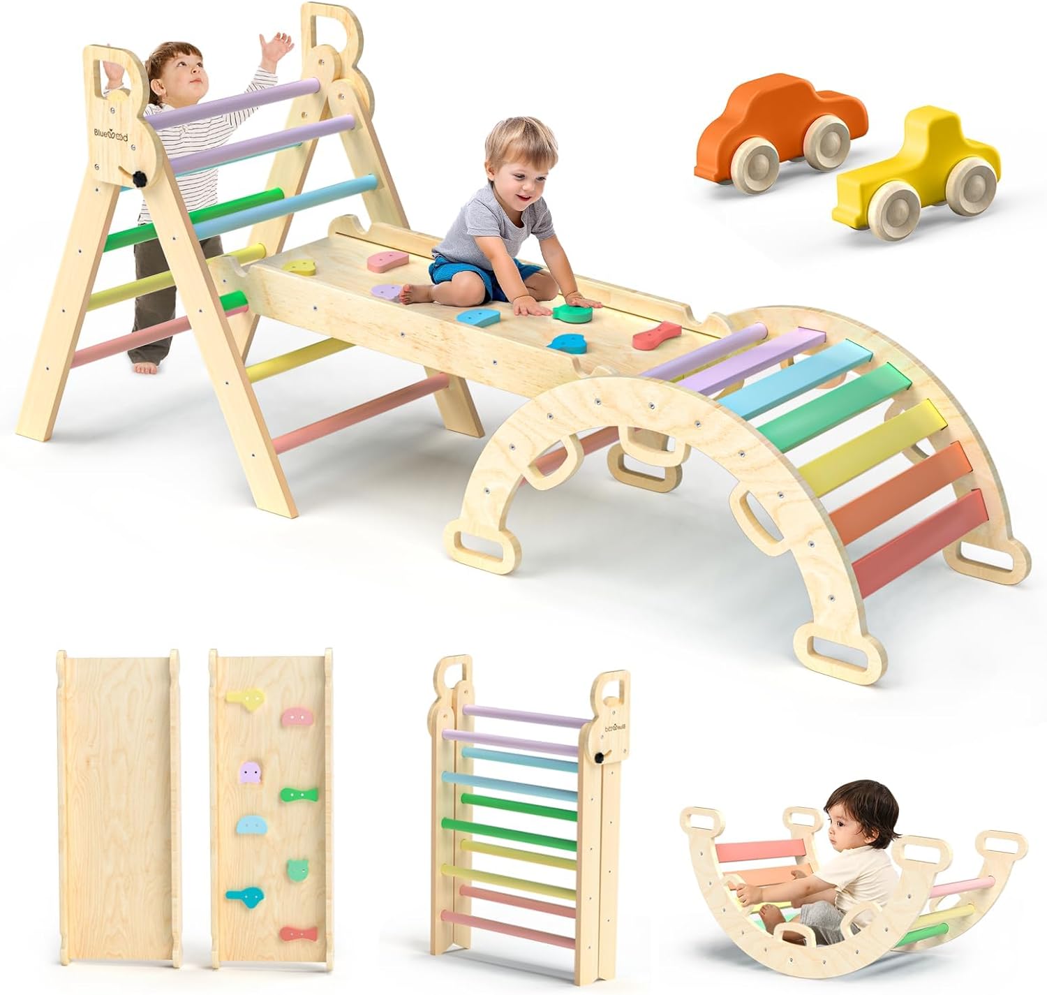 Triangle Set 7in1 Foldable Baby Climbing Toys Wooden Montessori Climbing Set with Arch&Ramp&Ladder Baby Climber Indoor Jungle Gyms for Toddlers Montessori Toys - Rainbow