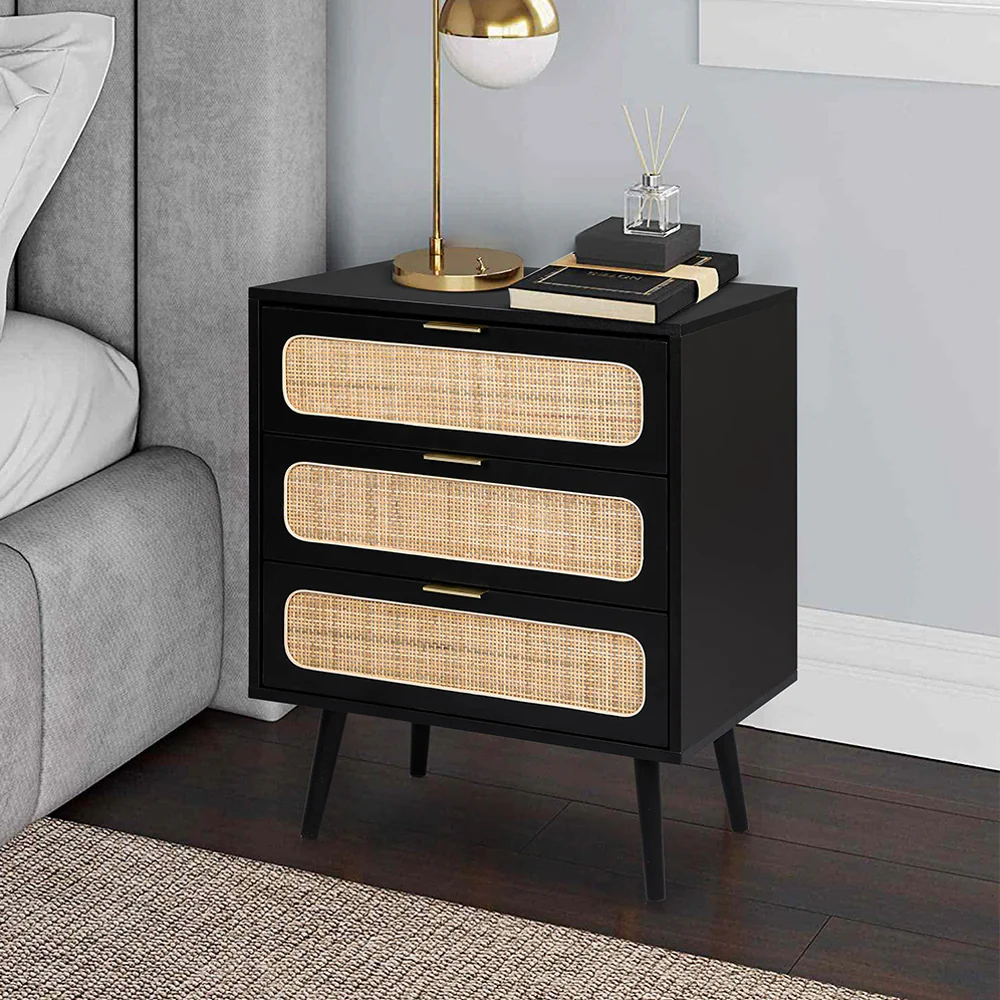 Rattan Nightstand Dresser Table with 3 Drawers