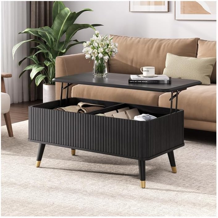 Round Coffee Table with Storage,Mid Century Modern Coffee Table for Living Room,Home Small Space,Fluted Small Center Table with Sliding Cabinet Door,31.5