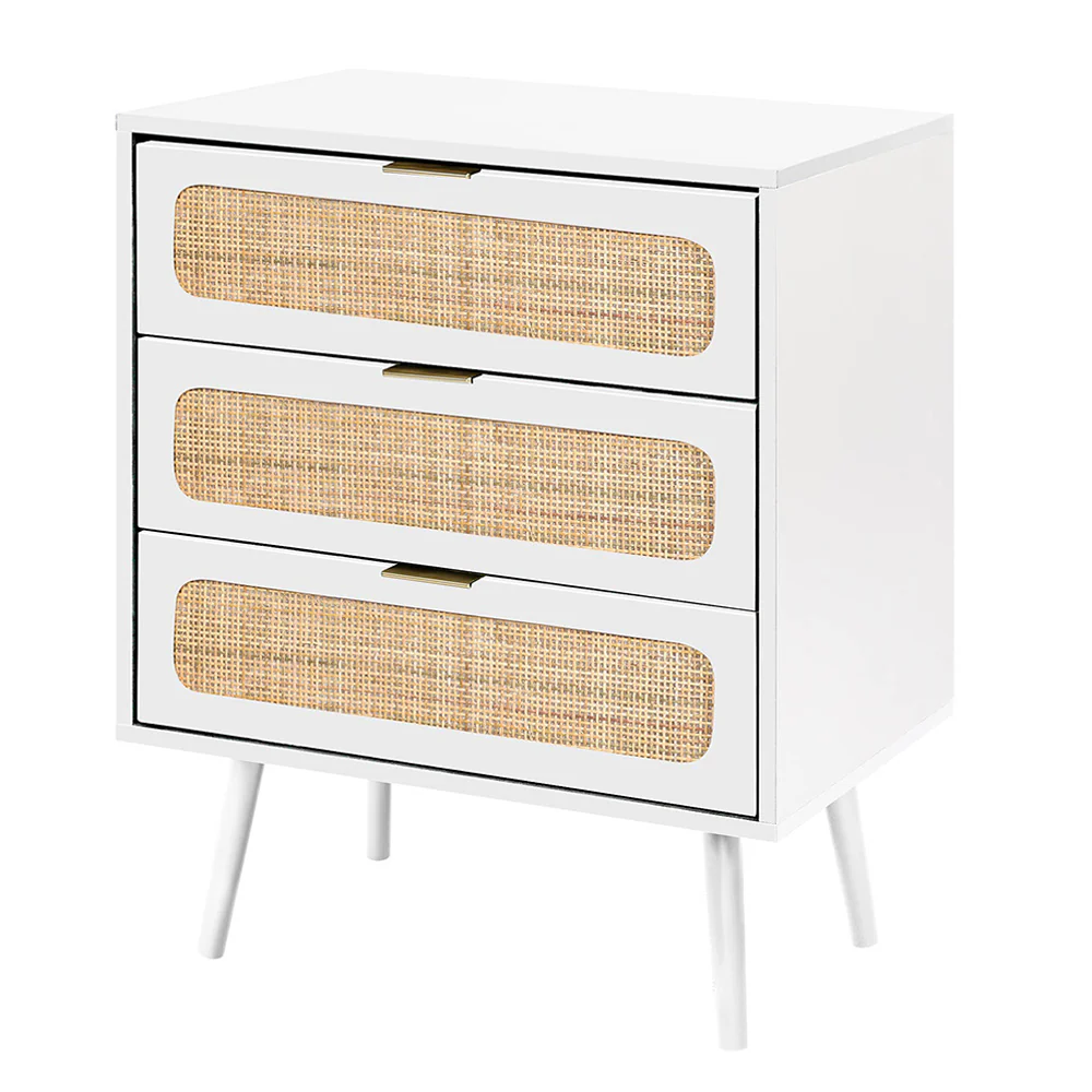 Rattan Nightstand Dresser Table with 3 Drawers