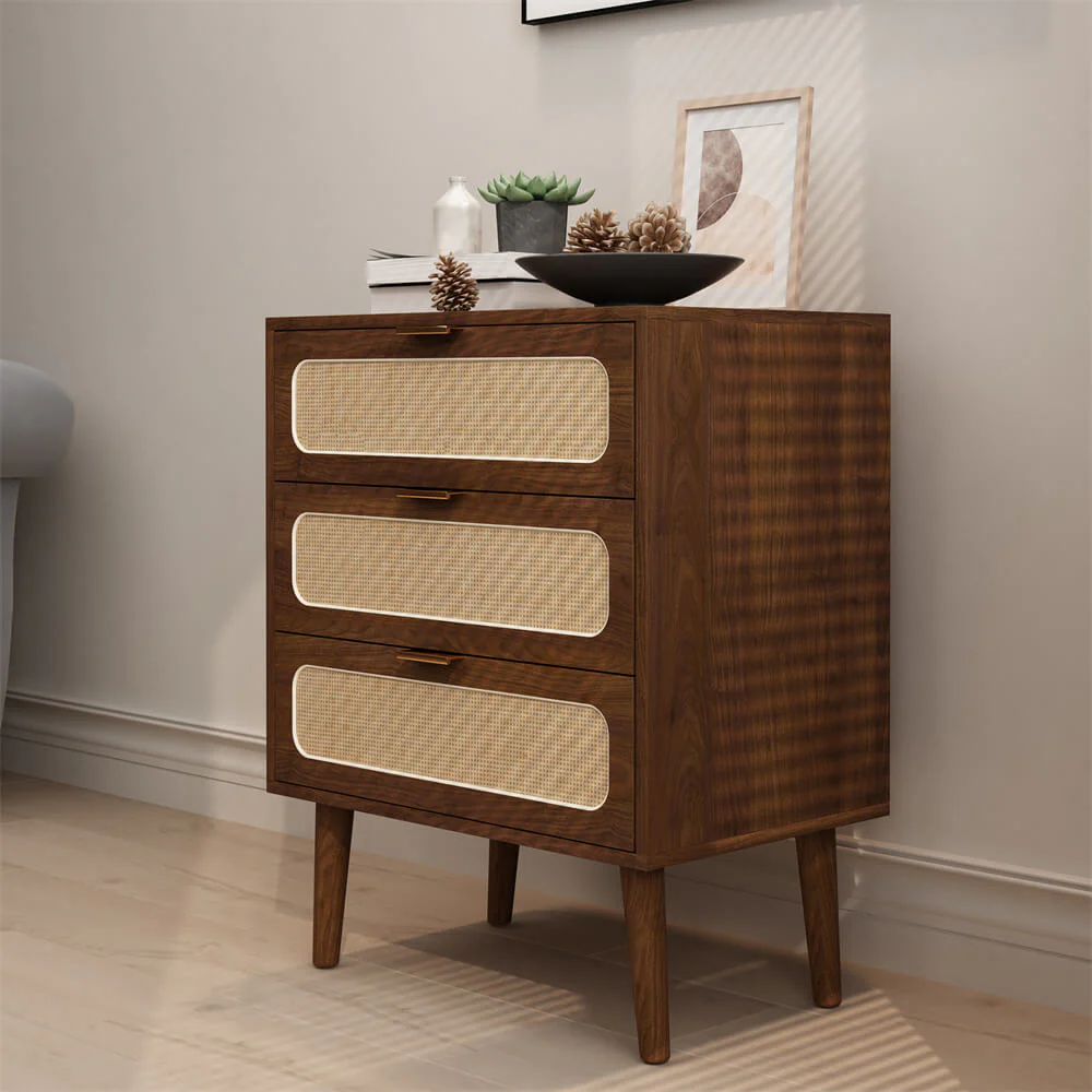 Rattan Nightstand Dresser Table with 3 Drawers