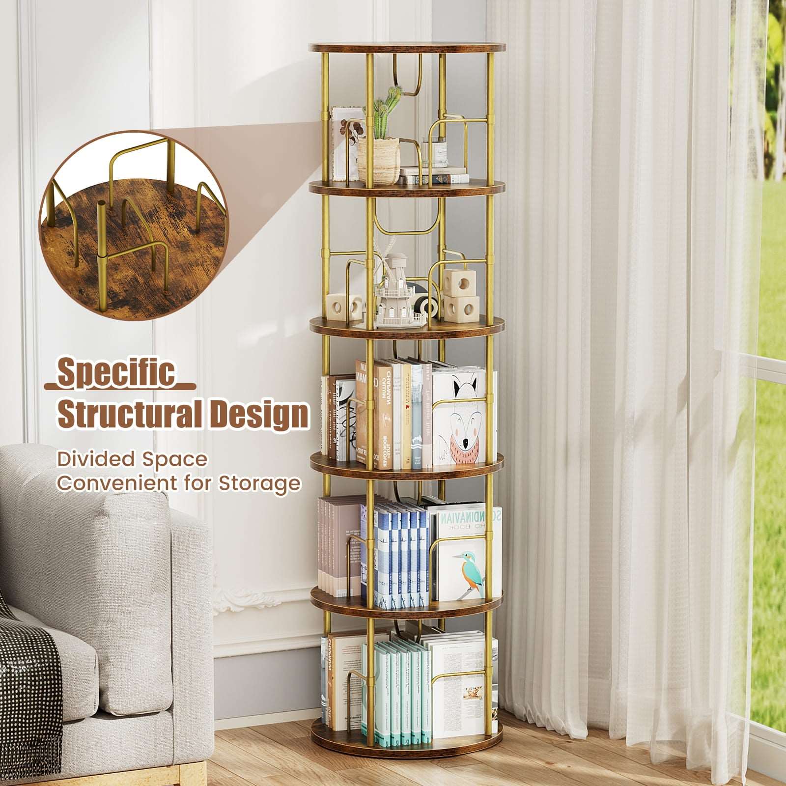 3-5 Tier Rotating Bookshelf With 360° Spinning Display
