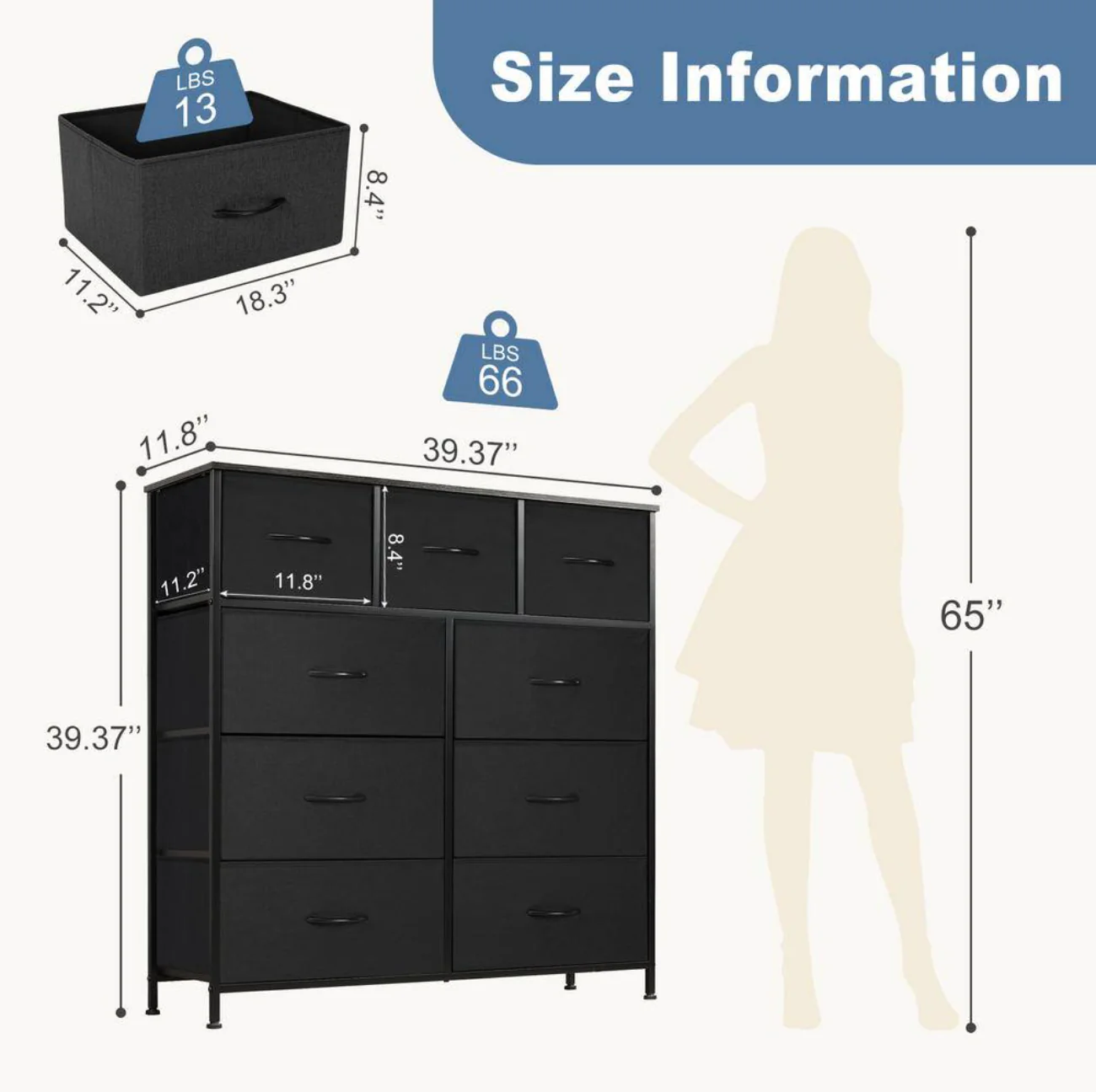 Drawers Dresser for Bedroom, Kidsroom Furniture, Tall Chest Tower, Storage Organizer Units for Clothing, Closet, Fabric Bins, Wood Top, Steel Frame, Lightweight, Assemble Tools Include