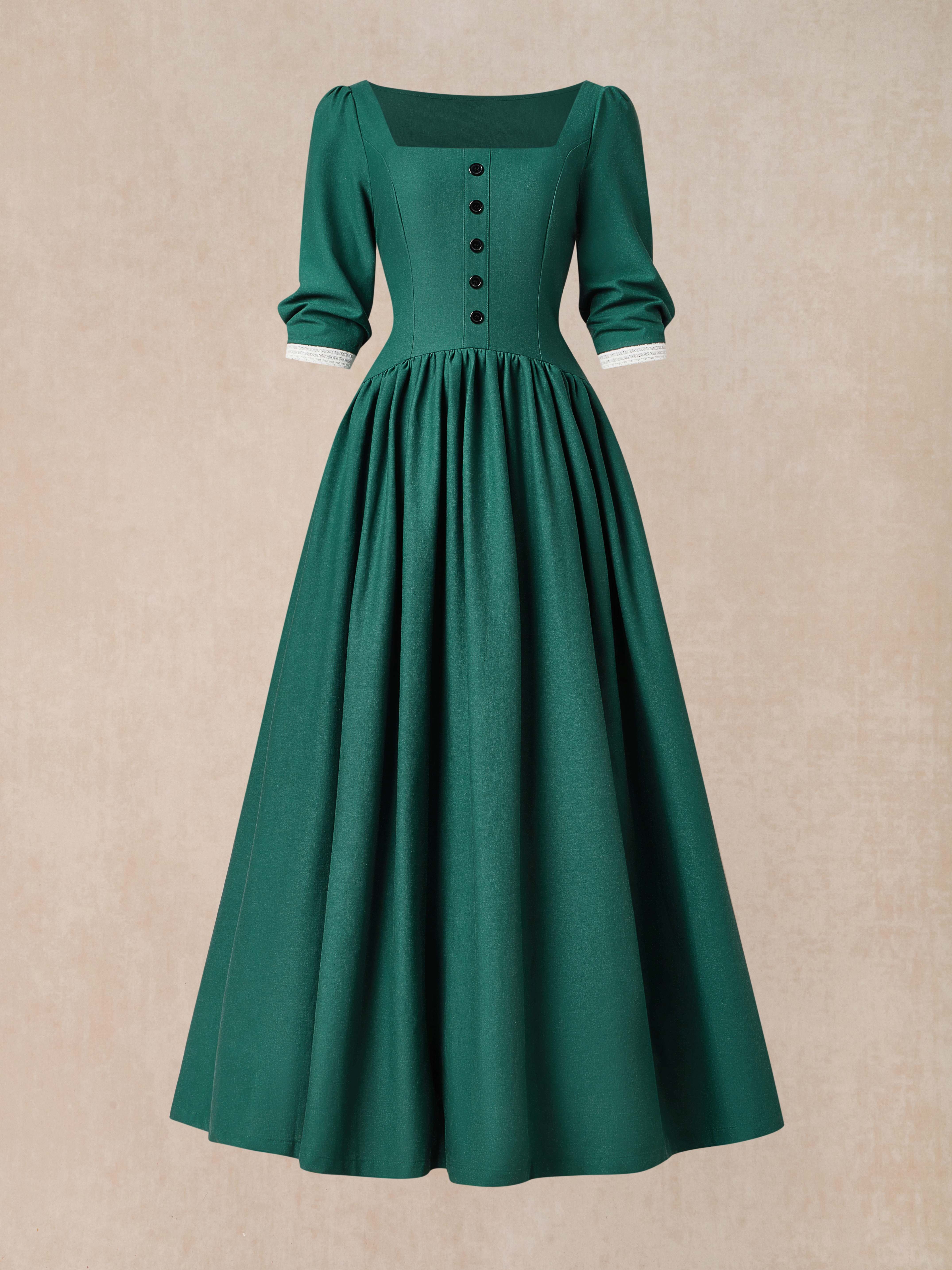 Maxi Linen Dress, 3/4 Sleeves, Square Neck, Button Down, Linen Blend, Green