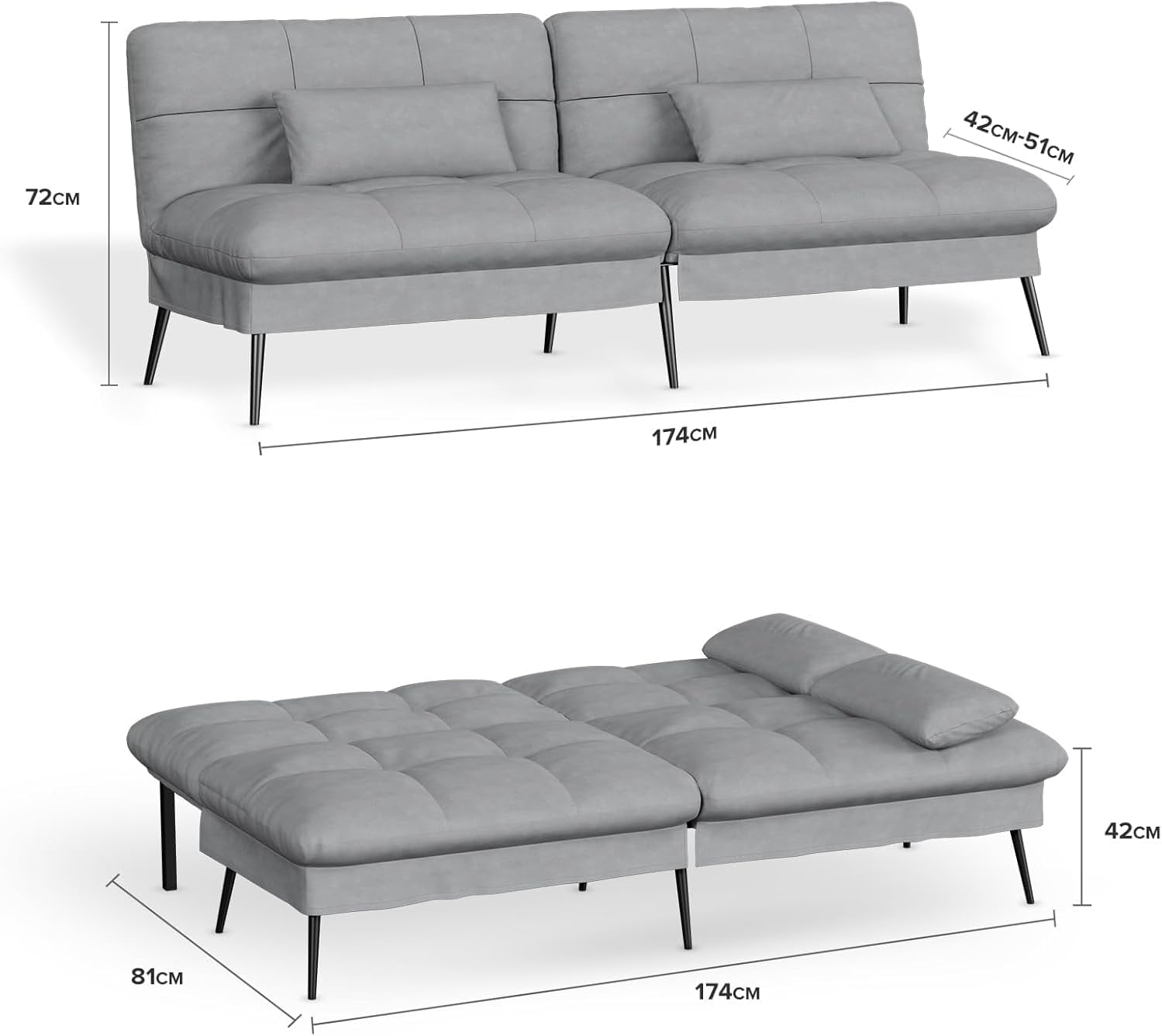 Convertible Sofa Bed,68″Fabric Couch with Adjustable Backrest,Loveseat Recliner Sleeper Living Room Furniture futon Set