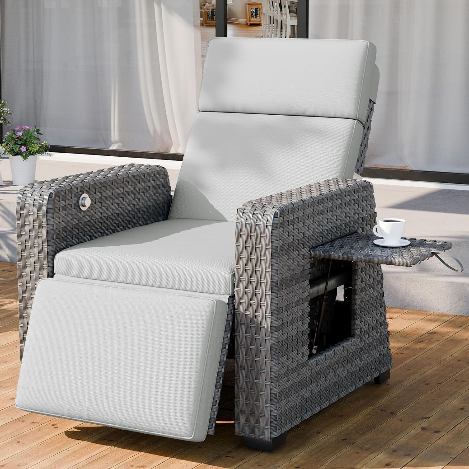 Outdoor Recliner Adjustable Wicker Lounge Chair with Flip Table Extended Patio Reclining Chair & Thick Cushion for Balcony, Porch, Living Room