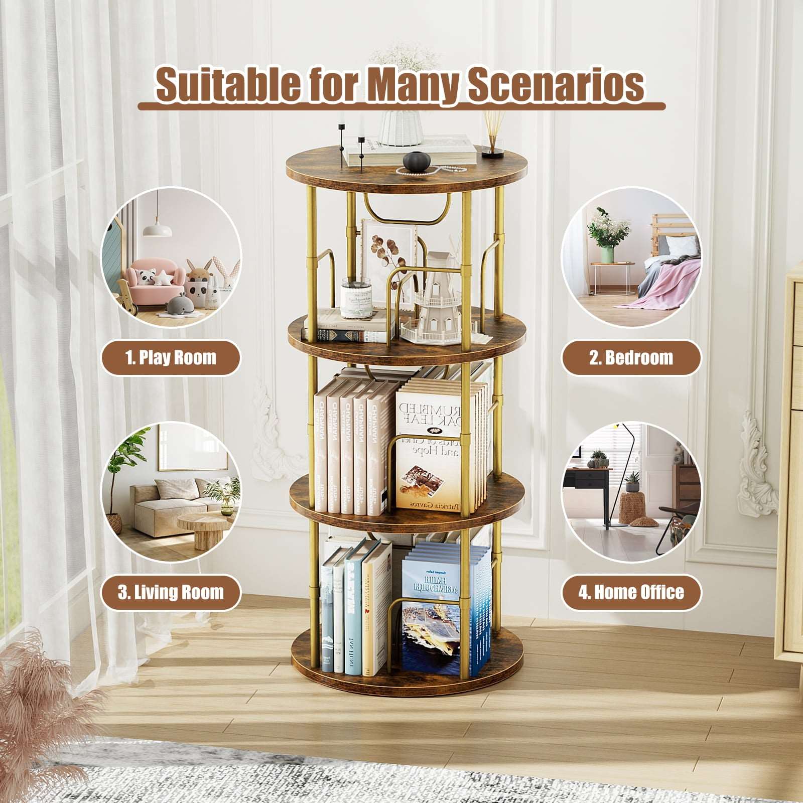 3-5 Tier Rotating Bookshelf With 360° Spinning Display