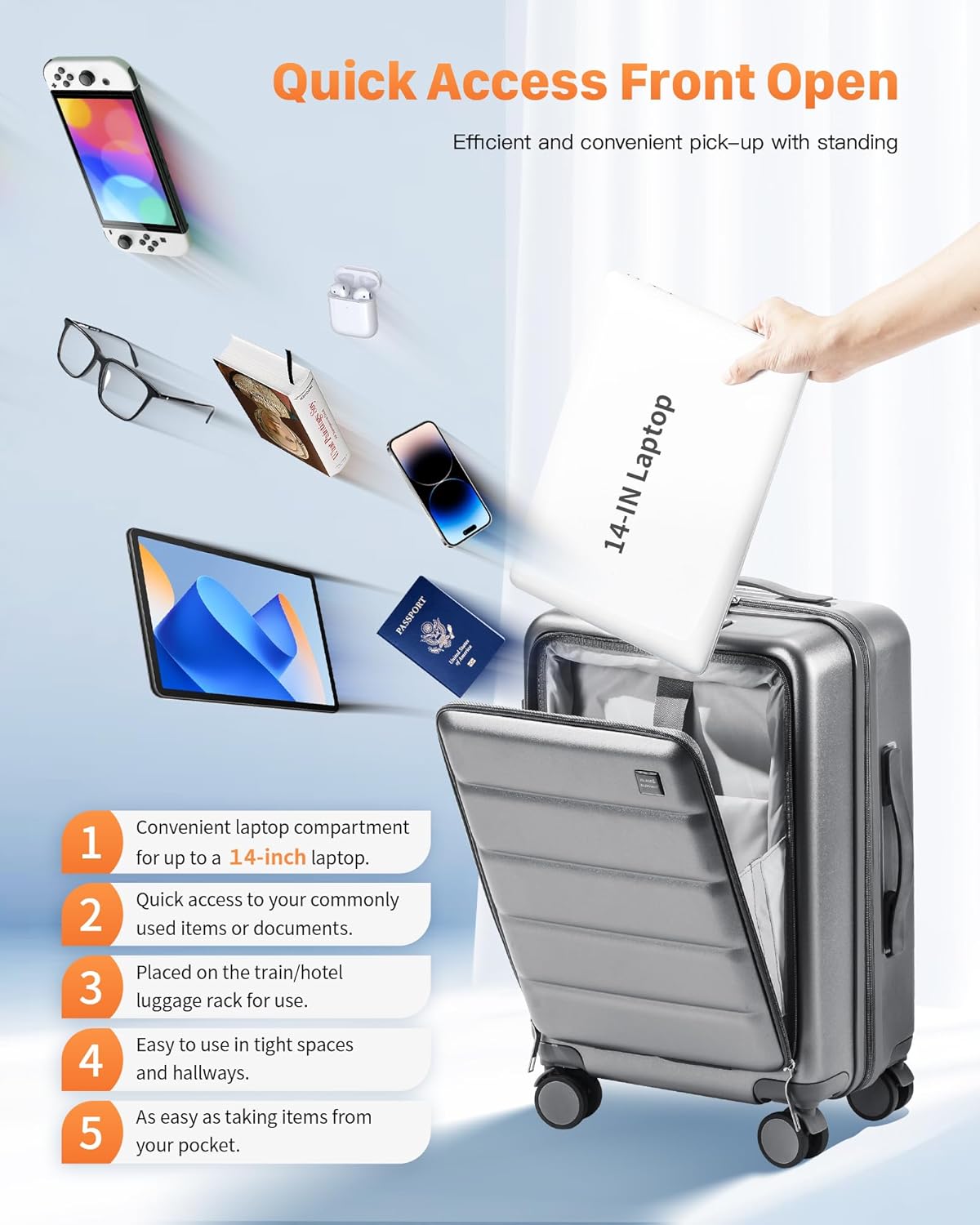 20 IN Carry On Luggage 22x14x9 Airline Approved - Front Pocket Hardside Travel Suitcase Unbreakable