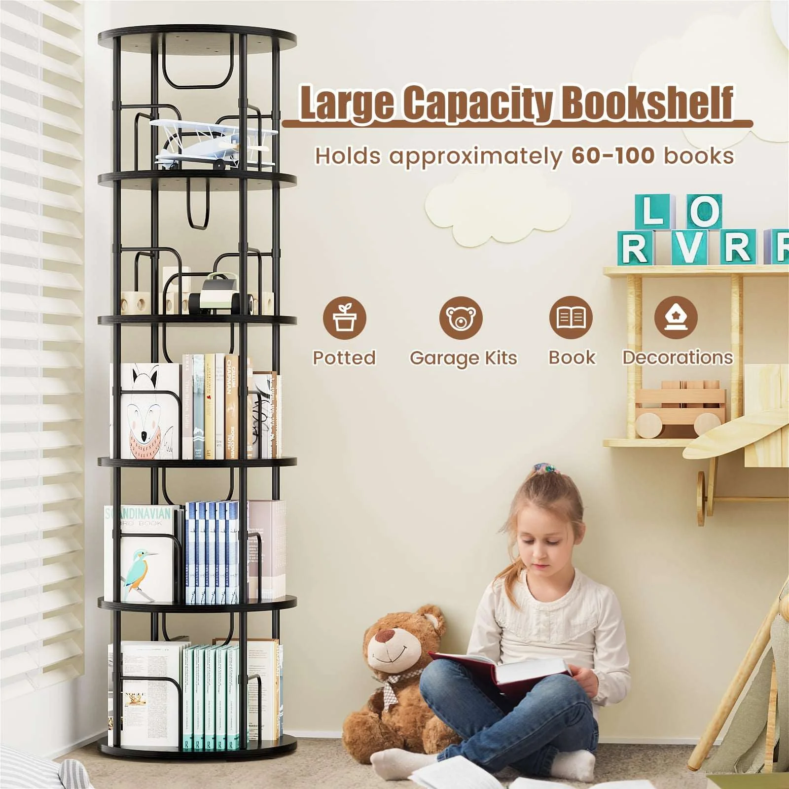 3-5 Tier Rotating Bookshelf With 360° Spinning Display