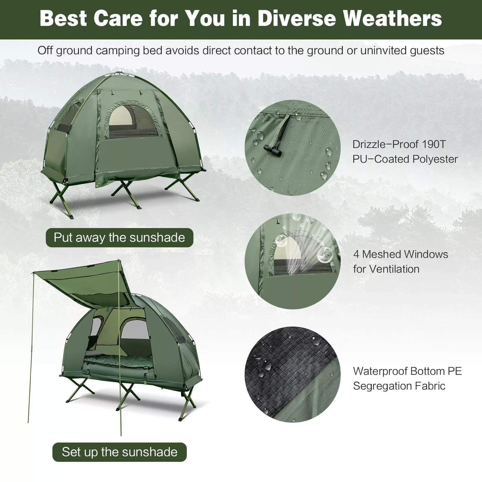1-Person Portable Pop-Up Tent Waterproof Camping Cot with Sleeping Bag