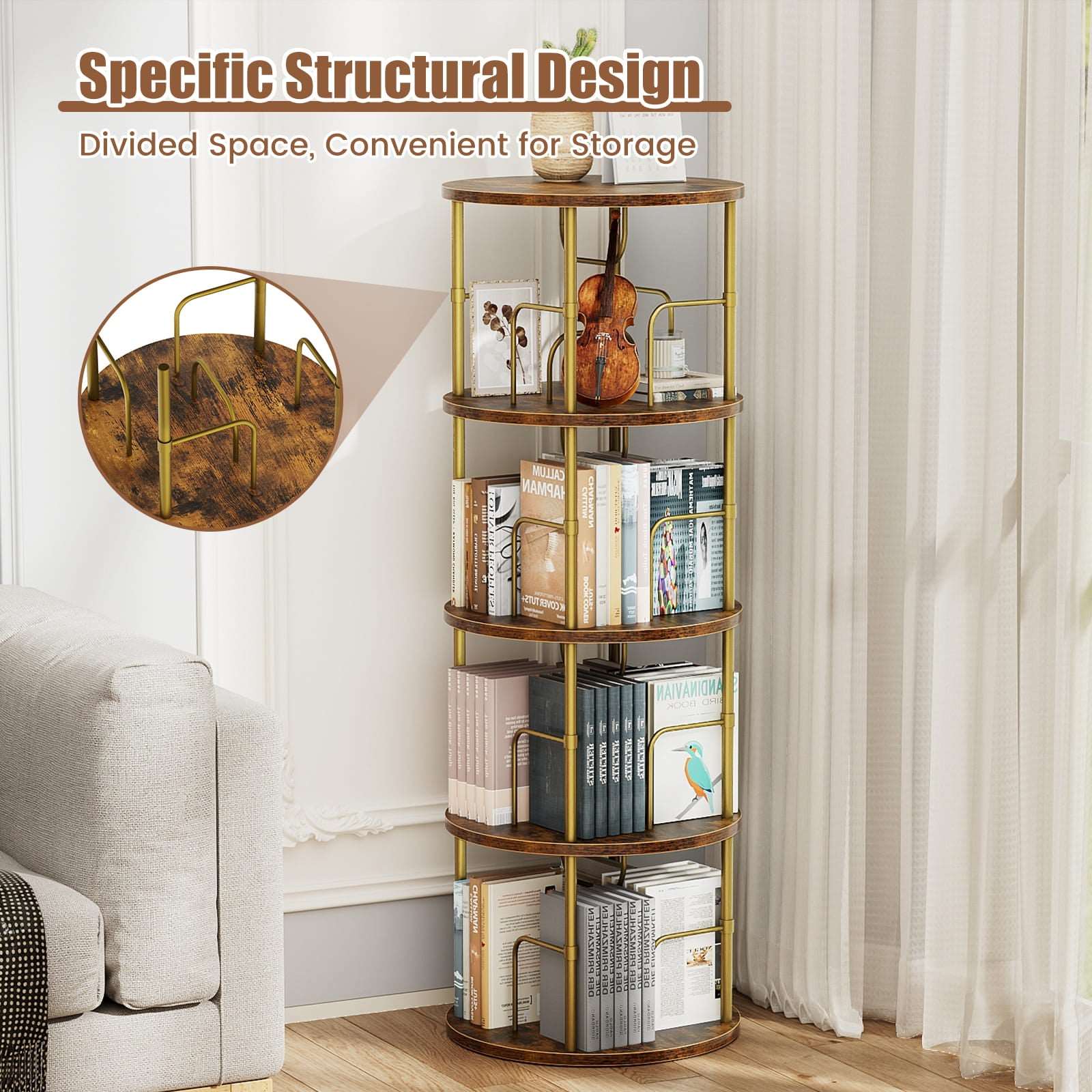 3-5 Tier Rotating Bookshelf With 360° Spinning Display