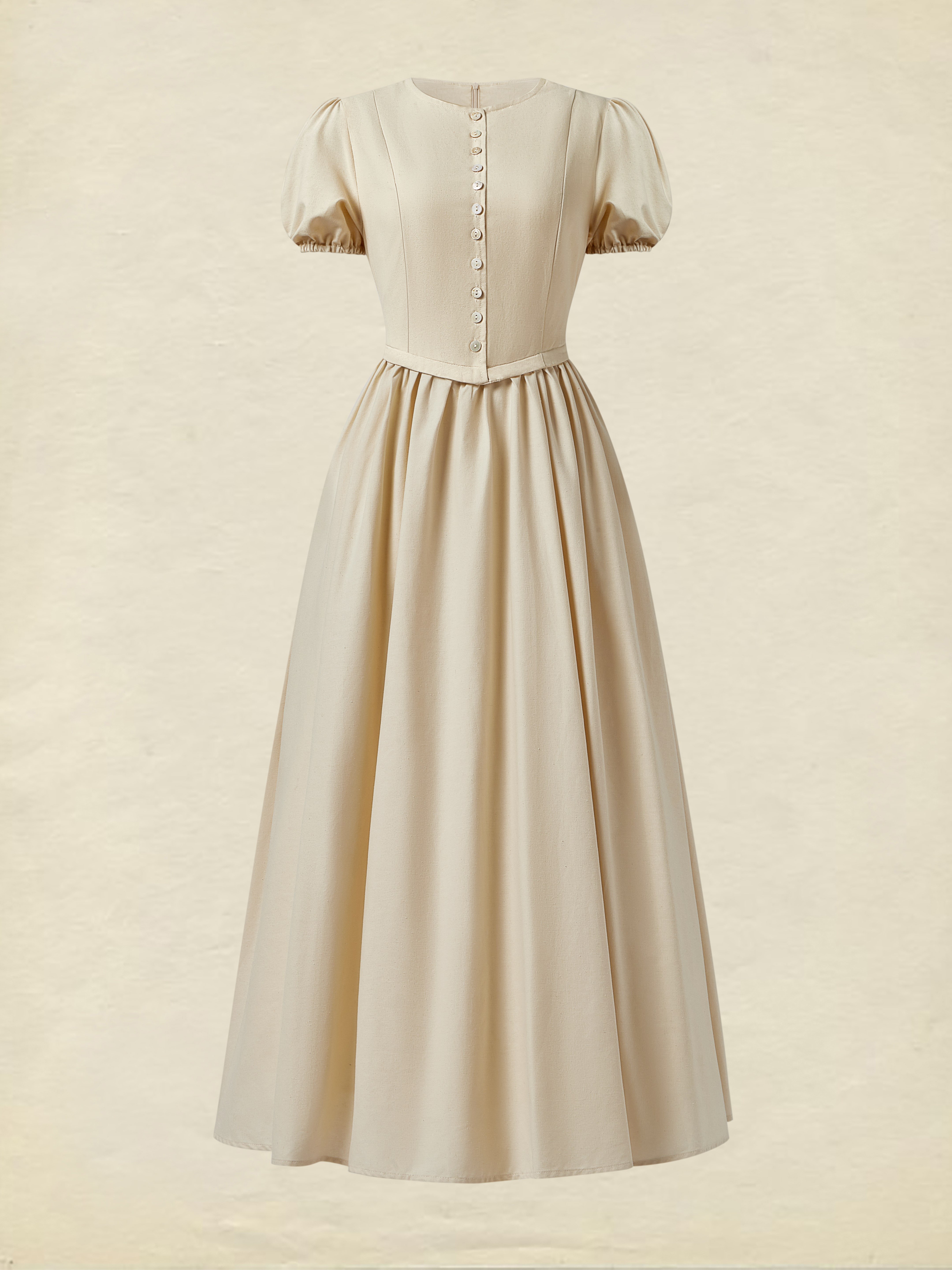 Linen Maxi Dress, Short Sleeve, Princess-cut Waist,  Crew Neck, Tea Party, Linen Blend, Plain