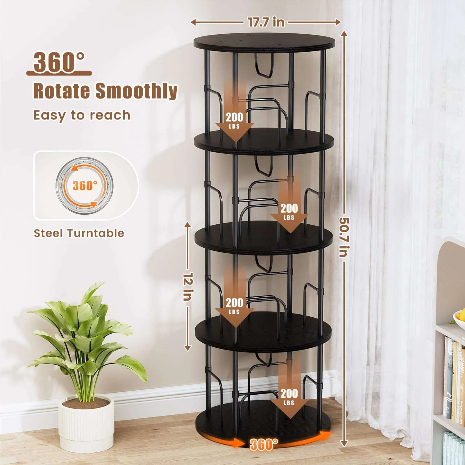 3-5 Tier Rotating Bookshelf With 360° Spinning Display