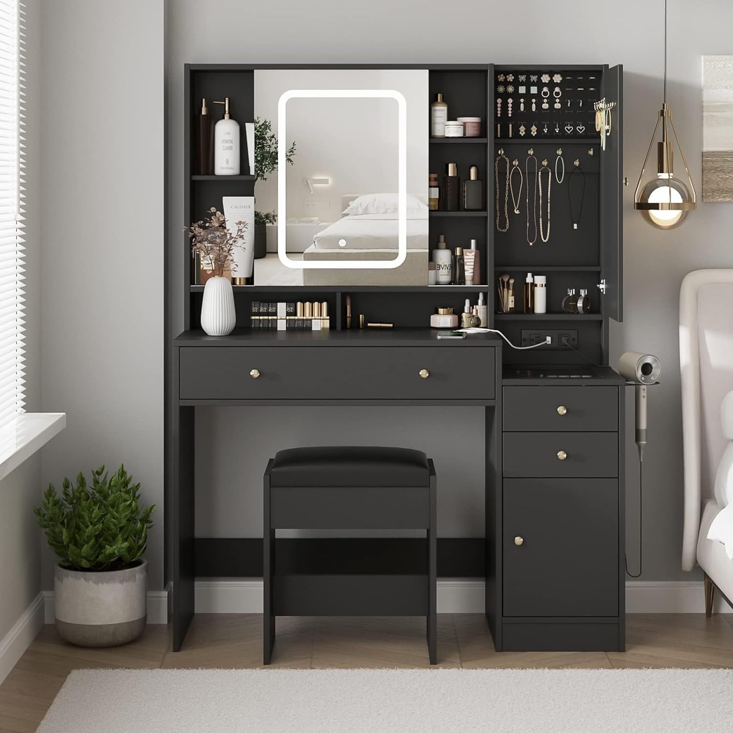 White Vanity Desk with Mirror and Lights, Vanity Table Makeup Vanity with Lights 3 Drawers and Cabinets, Charging Station & Sliding Door, Lots Storage Shelves