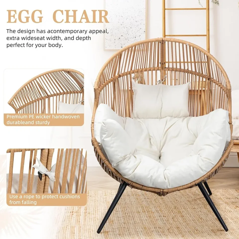 Wicker Egg Chair PE Rattan Chair with Cushion,Oversized Patio Lounge Chair for Outdoor, Indoor, Balcony, Backyard, Garden, Beige