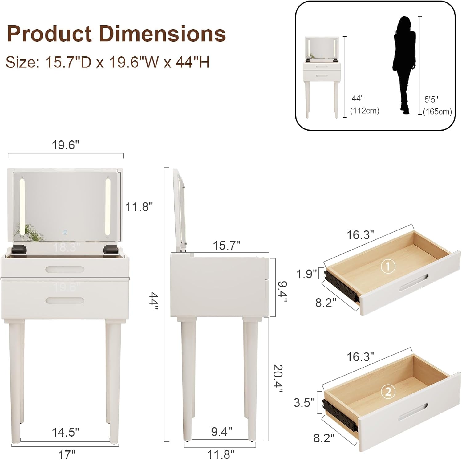 Solid Wood Small Vanity Desk with Flip Top Mirror, Brightness Adjustable Lights, Compact Vanity with Glass Top and Drawers, Slim Dressing Table for Small Space, Bedroom, Living Room, White