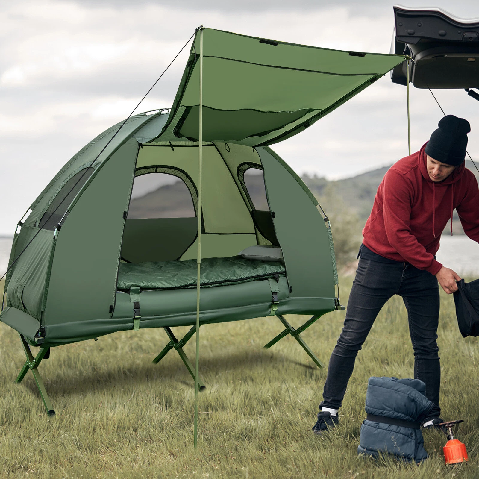 1-Person Portable Pop-Up Tent Waterproof Camping Cot with Sleeping Bag