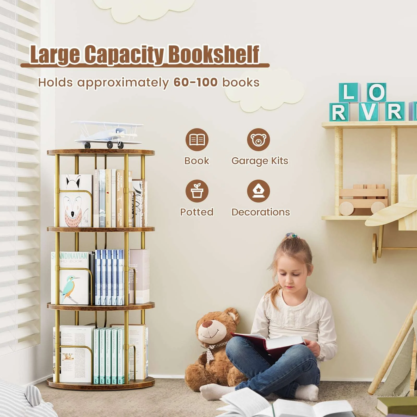 3-5 Tier Rotating Bookshelf With 360° Spinning Display
