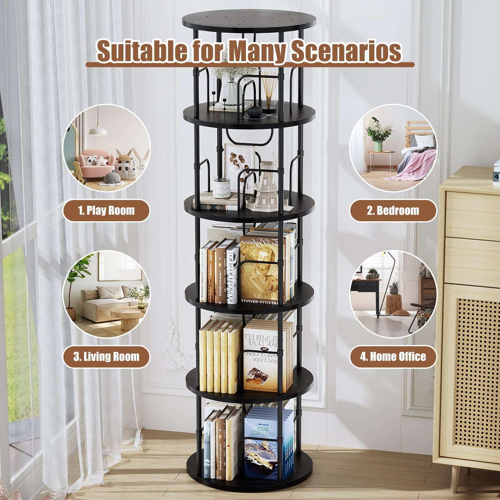 3-5 Tier Rotating Bookshelf With 360° Spinning Display