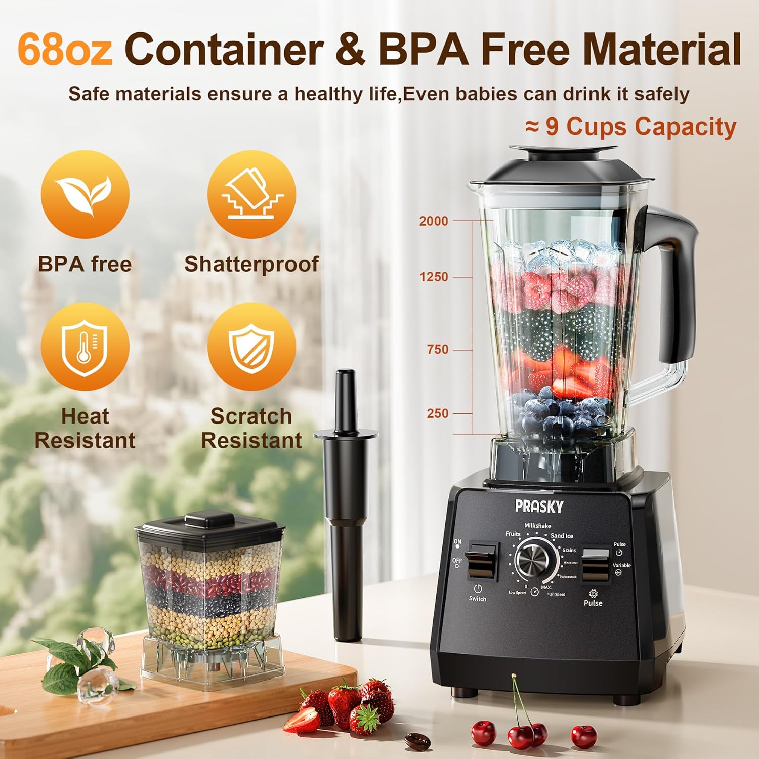 Professional Blender,Smoothies Blenders, Max.2400Watts/1000Watts Blender and Grinder Combo 25000RPM Powerful Kitchen 68oz BPA Free 2 Containers Countertop Blenders Ice Crushing, Juice