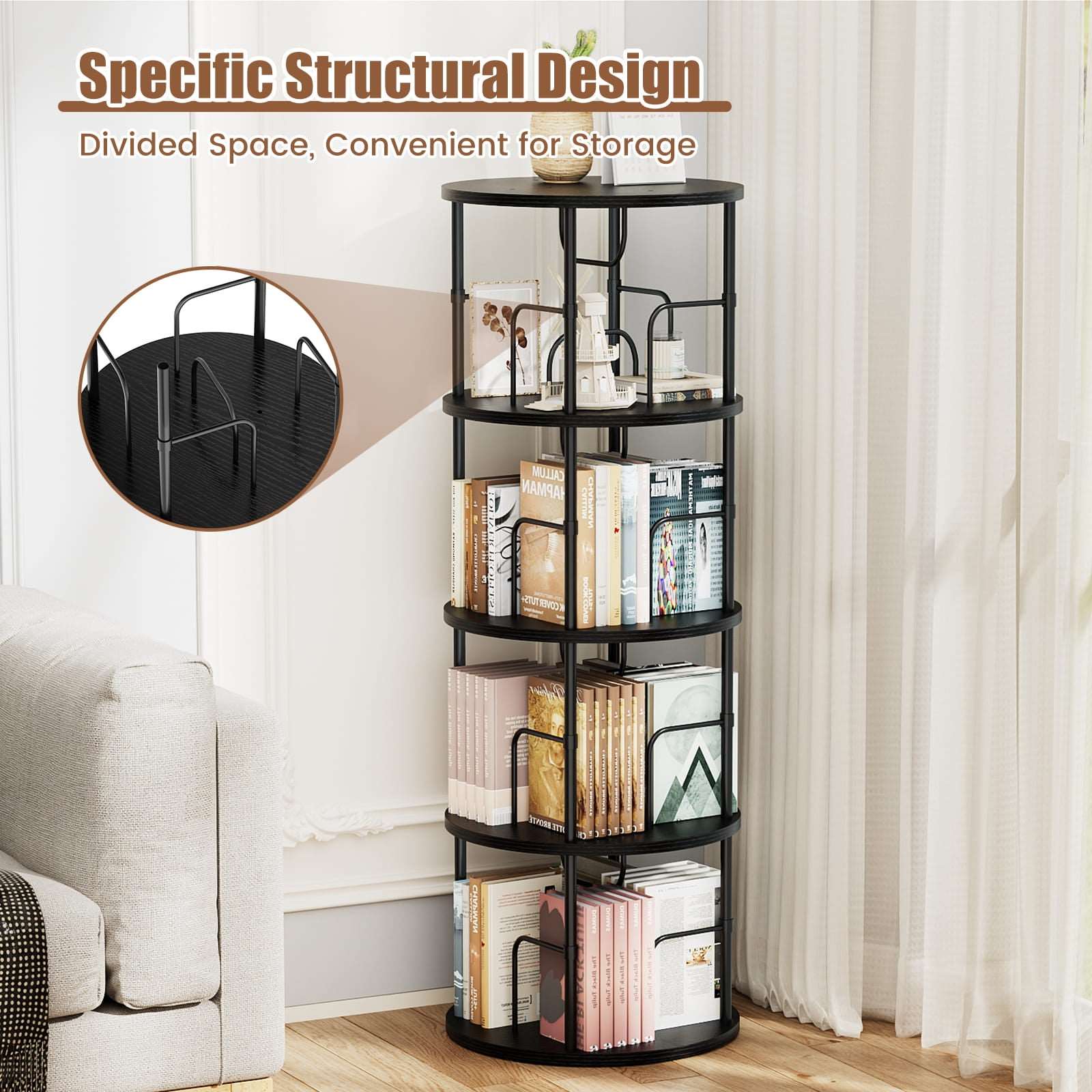 3-5 Tier Rotating Bookshelf With 360° Spinning Display
