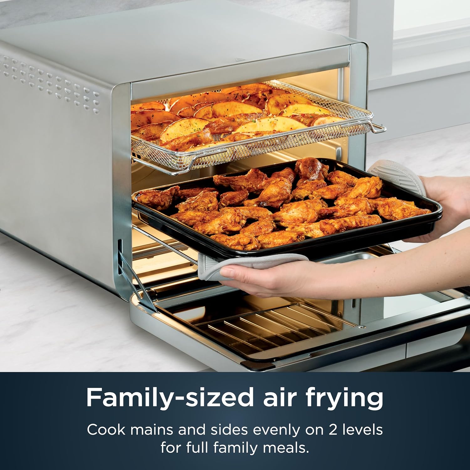 10-in-1 Smart XL Air Fry Oven, Bake, Broil, Toast, Roast, Digital Toaster, Thermometer, True Surround Convection up to 450°F, includes 6 trays & Recipe Guide