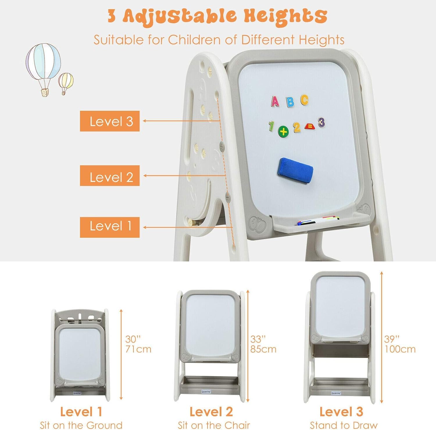 Kids Art Easel with Stool, 3 in 1 Double-Sided Magnetic Dry Erase Board and Kids Book Rack with Foldable Desktop, Adjustable Standing Easel with Letters and Number Magnets