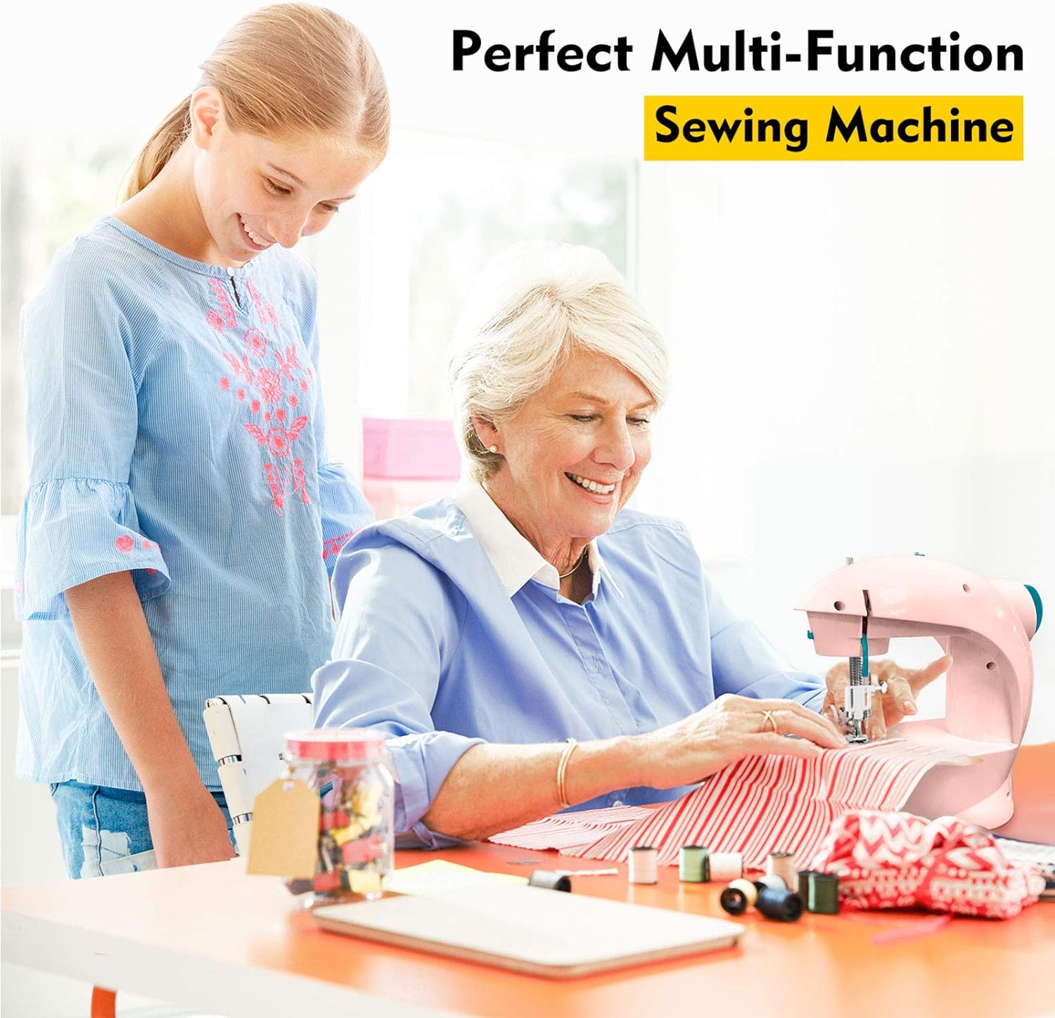 Mini Sewing Machine for Beginner, Dual Speed Portable Children Sewing Machine with Extension Table, Light, Sewing Kit for Kids, Girl, Household, Travel