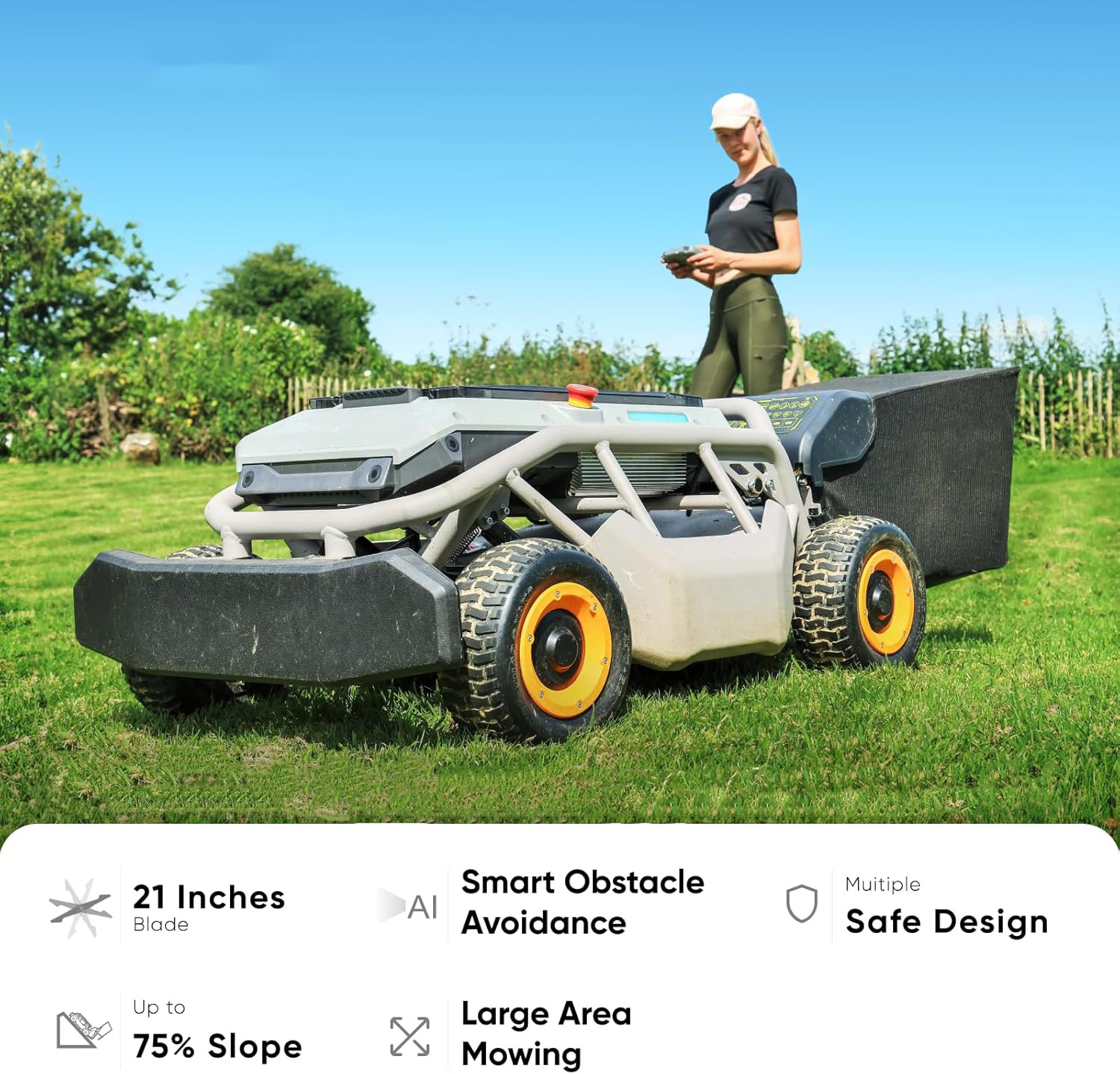 Remote Control Lawn Mower S1 4WD 56V18Ah, Multi-Functions RC Lawn Mower with 1.5-4.3 Inch Cutting Height 21 Inch Real Blade for 75% Slope(37°) with Mowing 1.12 Acres