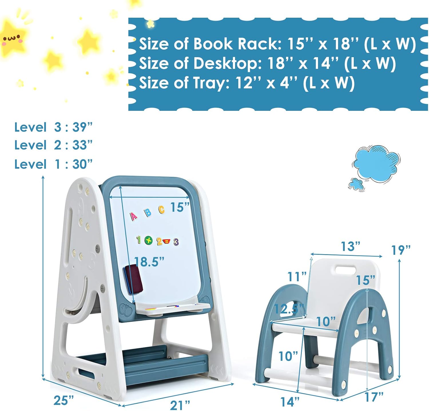 Kids Art Easel with Stool, 3 in 1 Double-Sided Magnetic Dry Erase Board and Kids Book Rack with Foldable Desktop, Adjustable Standing Easel with Letters and Number Magnets