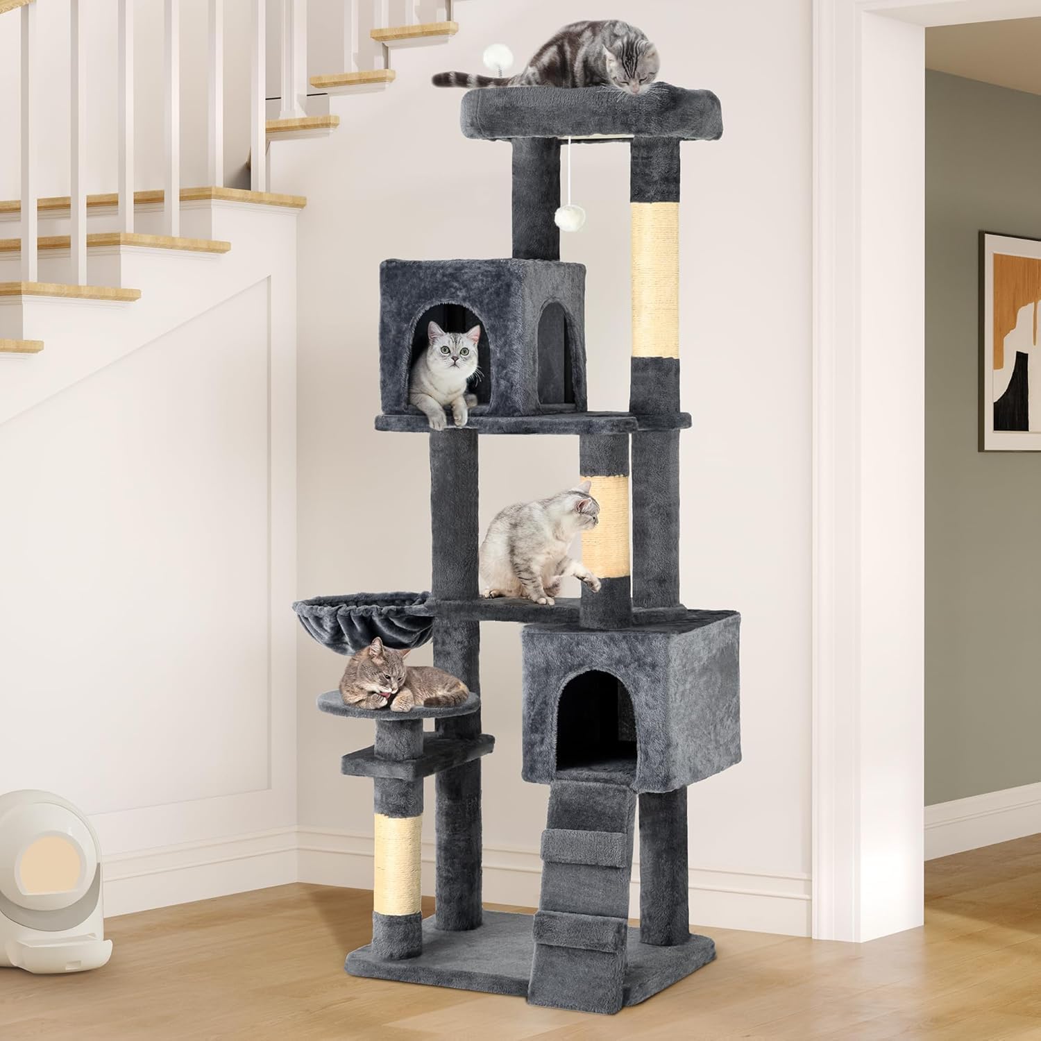 Tall Cat Tree for Indoor Cats, 75 inch Multi-Level Cat Tower with Cat Condos, Top Perches, Sisal Ramp Scratching Posts, Cozy Basket,Hammocks, Large Cat Pet Activity Structure,Pink
