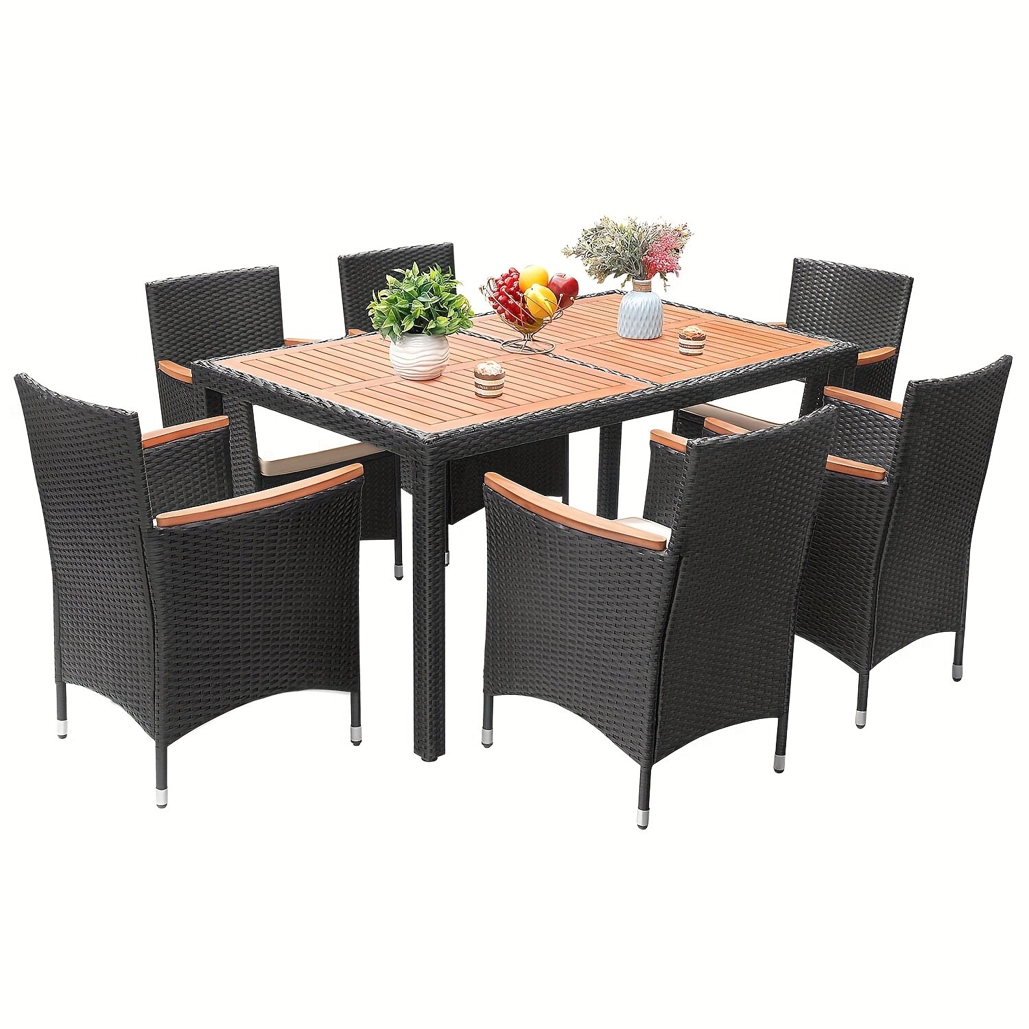 PE rattan + acacia wood table and chair set