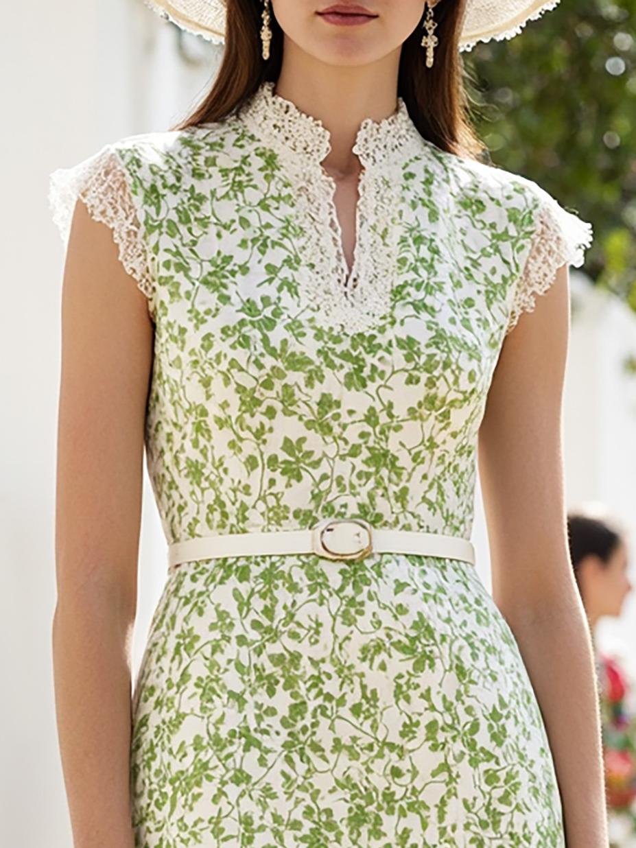 Midi Linen Dress , Cap Sleeves, V Neck, Floral, Lace, French Vintage, Aqua