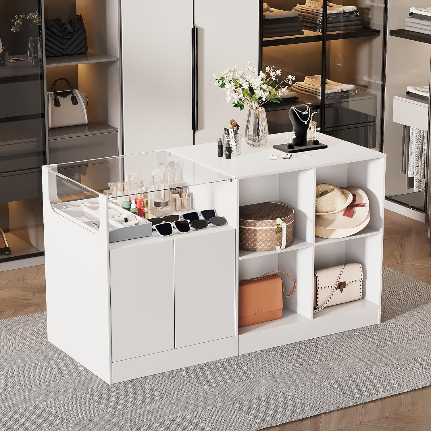 Closet Island with Drawers, Wardrobe Armoire Bedroom Island, Glass Display Shelf & 12 Drawers, White Dresser with Glass Top, Walk-in Closet Island for Bedroom, Cloakroom