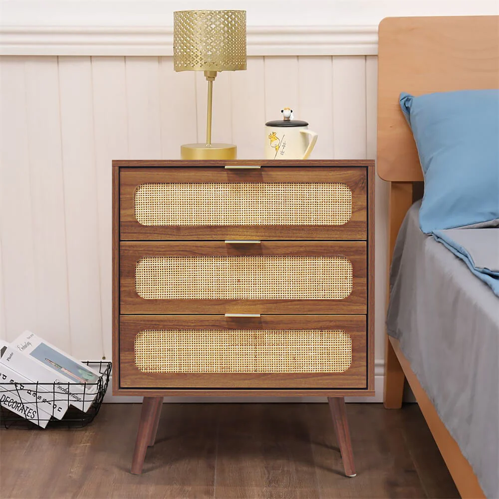 Rattan Nightstand Dresser Table with 3 Drawers