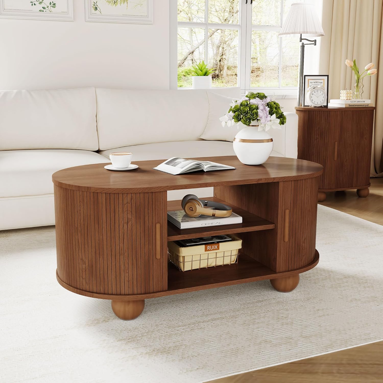 Rectangle Coffee Table, Mid-Century Modern Coffee Table with Storage & Sliding Doors, Fluted Coffee Table Center Table for Living Room, Dining Room, Apartment, Home Office (Natural)