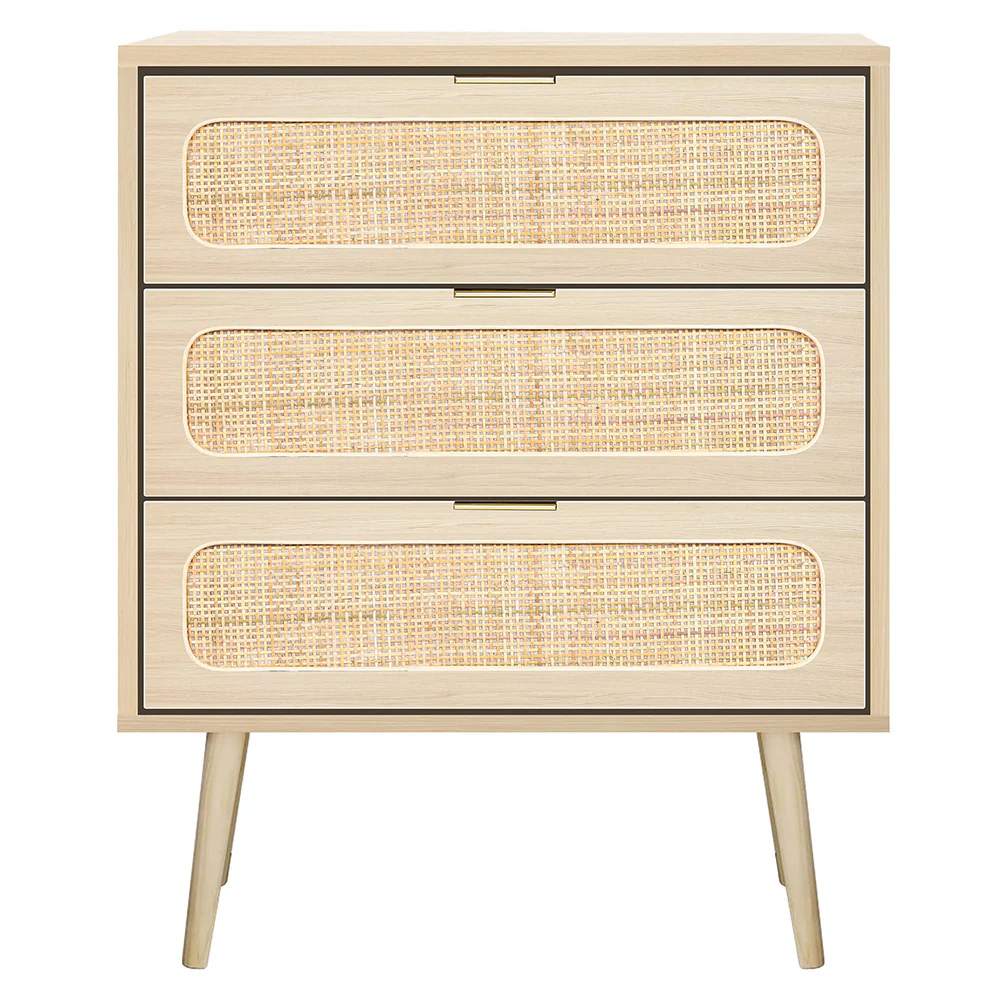 Rattan Nightstand Dresser Table with 3 Drawers