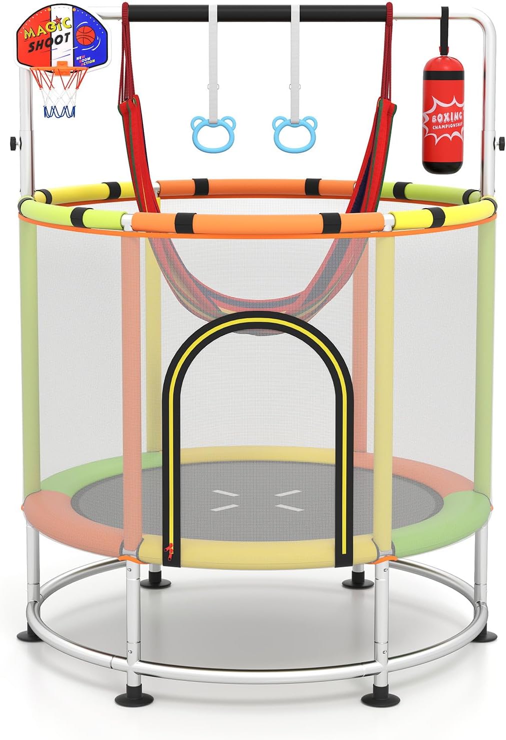 Trampoline for Kids, 440LBS 6 in 1 Toddler Rebounder with Swing, Basketball Hoop, Punching Bag, Rings & Bar, No-Gap Jumping Mat Mini Indoor Outdoor Trampoline for Boys Girls